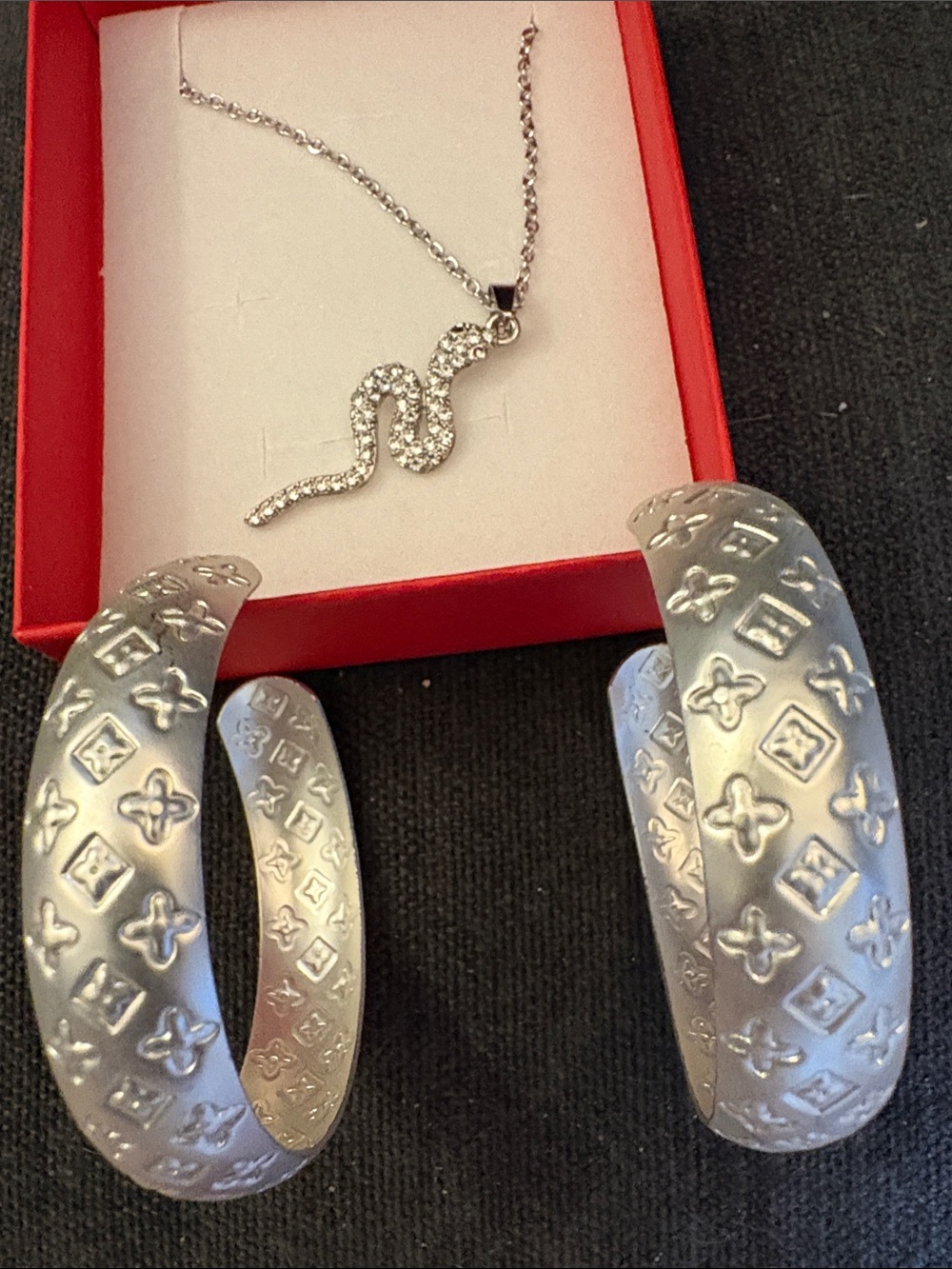 Silver Snake Pendant Necklace and Silver Hoop Earrings Set